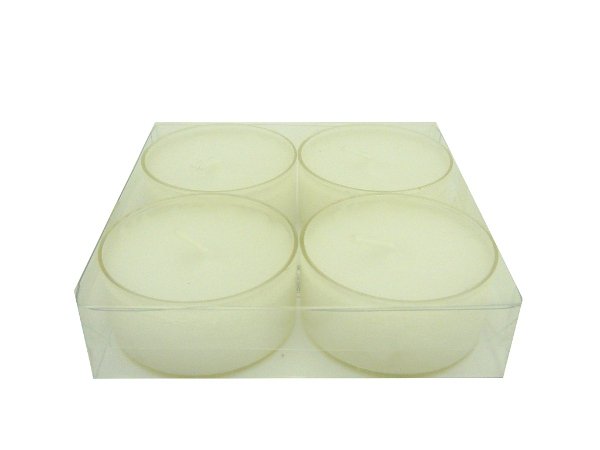 4 Maxi Teelichter in transparenter Hülle, Weiß verfärbt